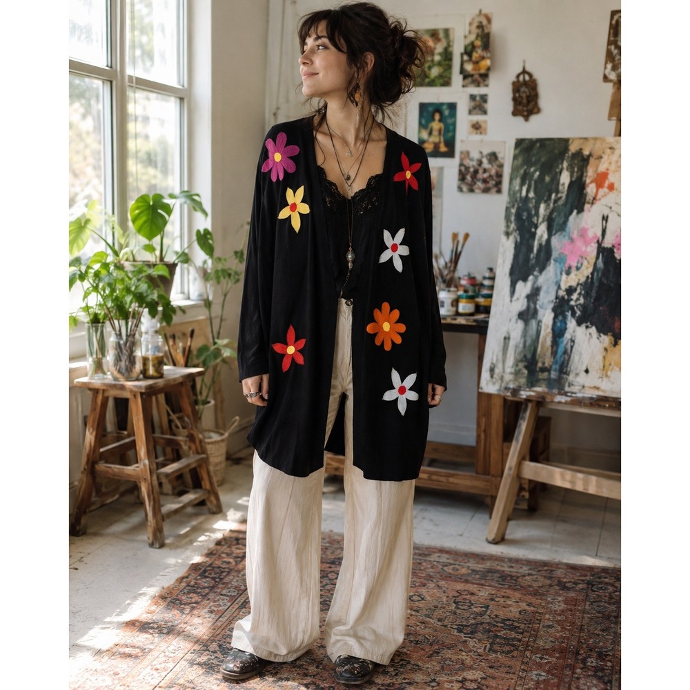 Aaeda Open Front Cardigan Womens Medium Black Multicolor Flower Duster Soft Boho